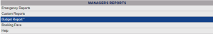 Managers Reports section of the Reports Menu with the Budget Report command selected